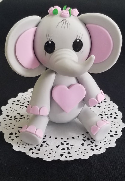 Elephant Cake Topper Baby Shower Elephant in Gray and Pink with Head Crowns