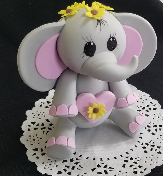 Elephant Cake Topper Baby Shower Elephant in Gray and Pink with Head Crowns