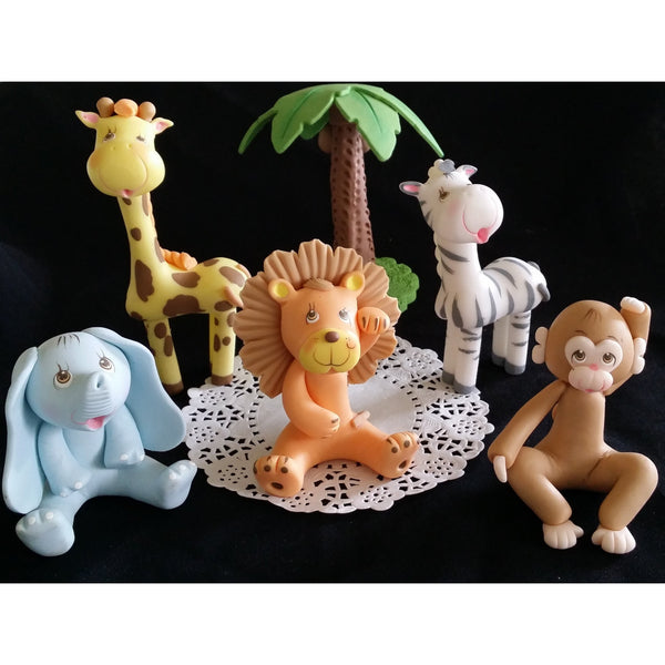 Jungle Cake Topper Safari Baby Zoo Animals Elephant Lion Giraffe Zebra Monkey Palm 6pcs - Cake Toppers Boutique